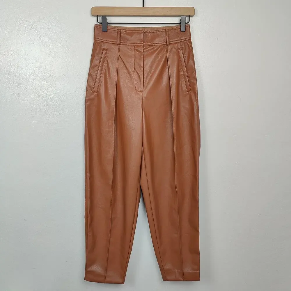 Aritzia Babaton Faux Leather Pants Womens 2‎ Brown Pleated High Rise Straight